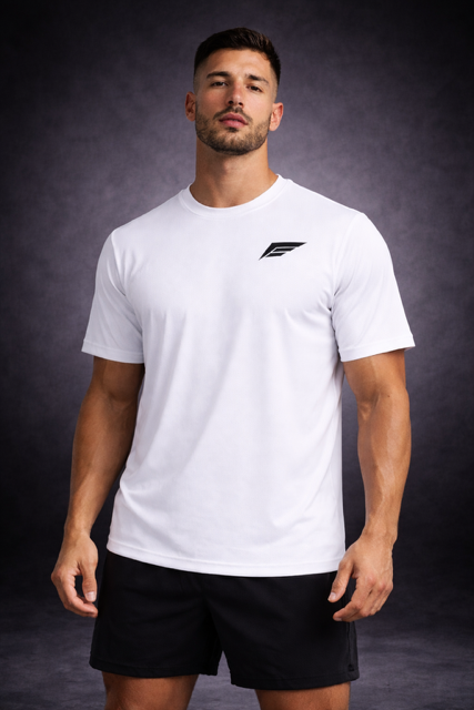 Earned 1 Performance Tee in white, worn by model